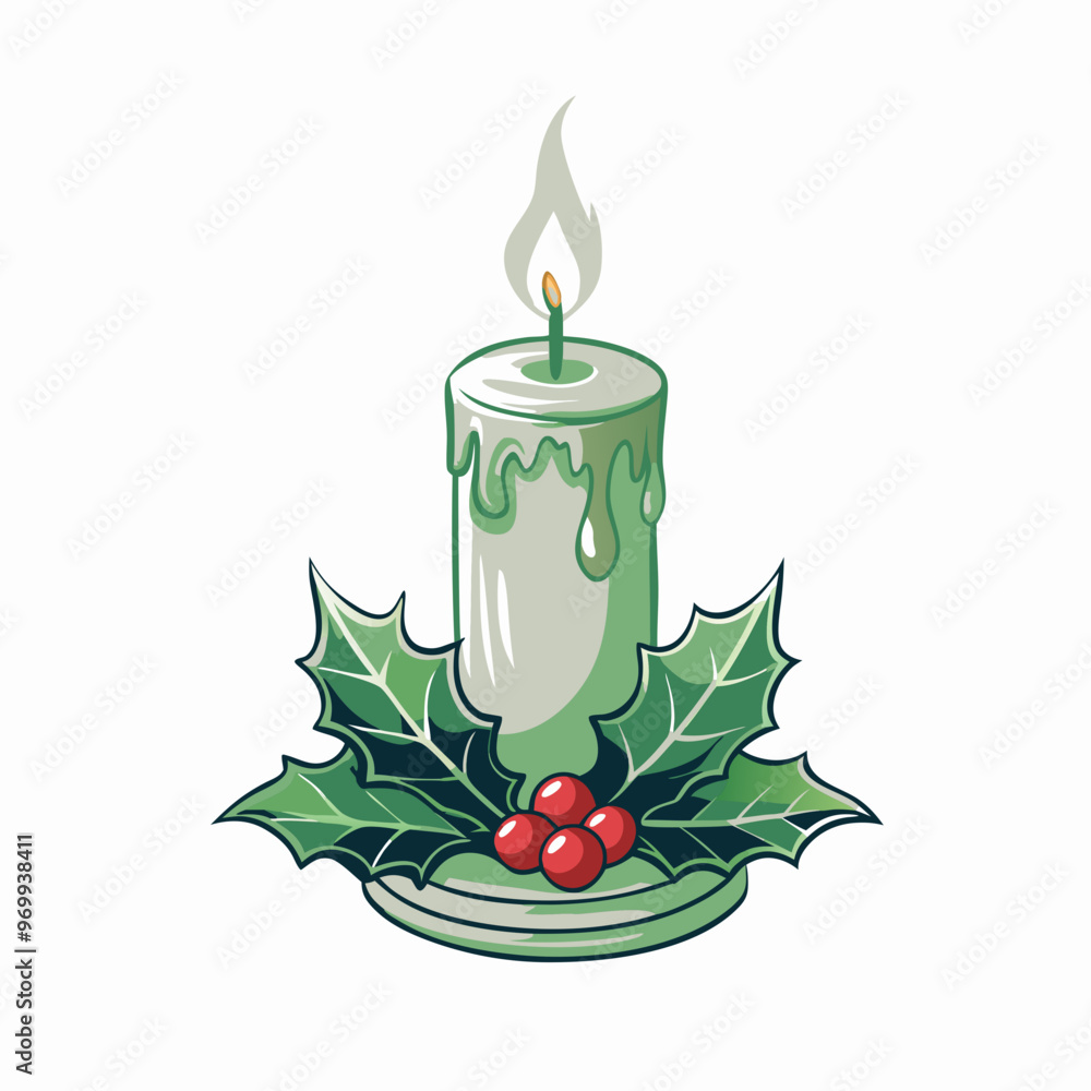 Decorative green candle with holly and berries on a white background Decorative green candle with holly and berries on a white background