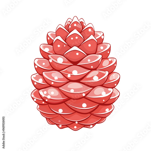 Vibrant red pine cone with white accents on a white background in a cheerful design