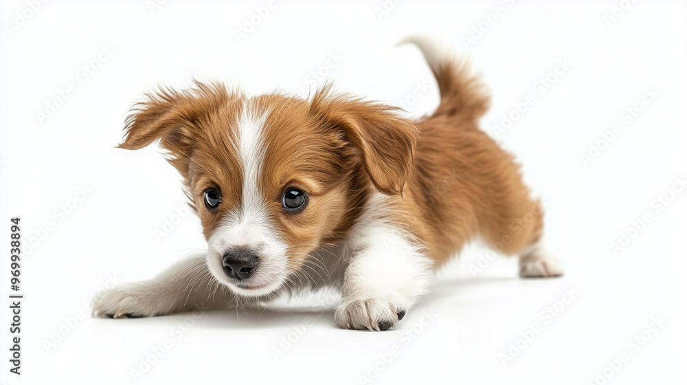 Adorable brown and white puppy playfully pouncing on a clean white background, showcasing a playful and energetic mood. Adorable brown and white puppy playfully pouncing on a clean white background, showcasing a playful and energetic mood.