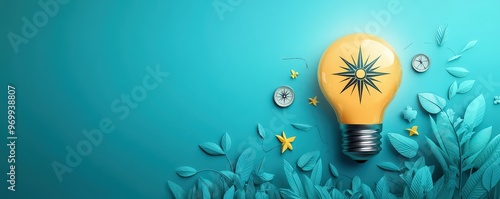 Light bulb with compass, guiding growth through insight, flat design illustration with copyspace