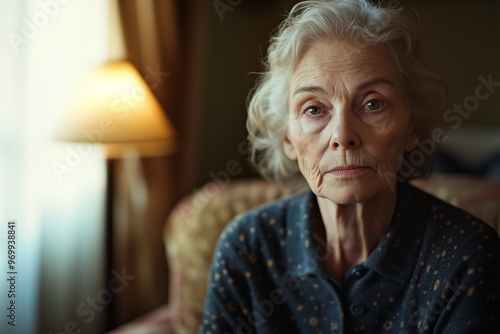 Portrait of an elderly woman representing the emotional and mental challenges of Alzheimer's and Parkinson's, conveying the impact of memory loss and mental health disorders. photo