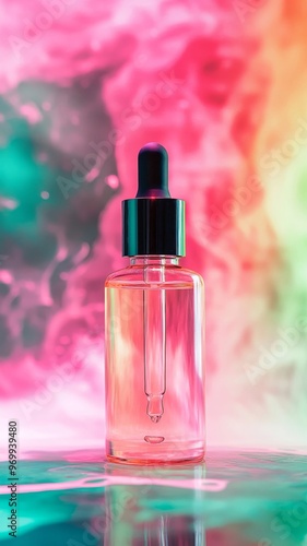 Colorful glass dropper bottle with neon gradient background