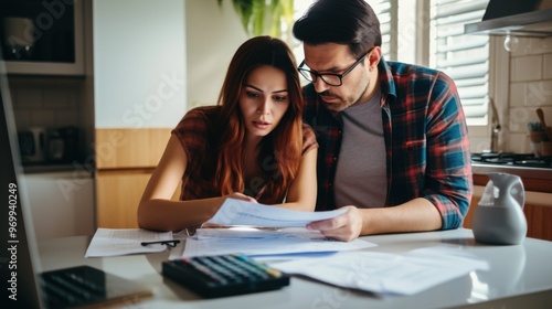 A young couple deeply absorbed in financial papers at a kitchen table, reflecting concern and collaboration in a homey setting.