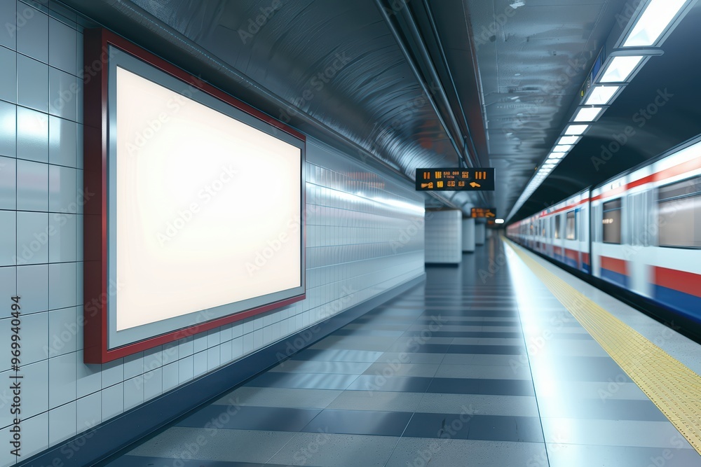 A modern subway station interior featuring a blank advertisement board, clean tiles, and an arriving train in the background. A modern subway station interior featuring a blank advertisement board, clean tiles, and an arriving train in the background.