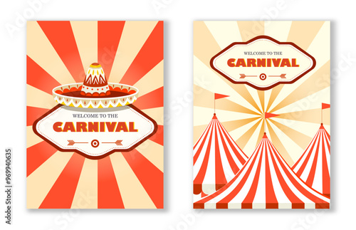 Carnival posters set. Red and white striped tents with red flags. Entertainment, fun and leisure. Holiday and festival, celebration. Flat vector collection isolated on white background
