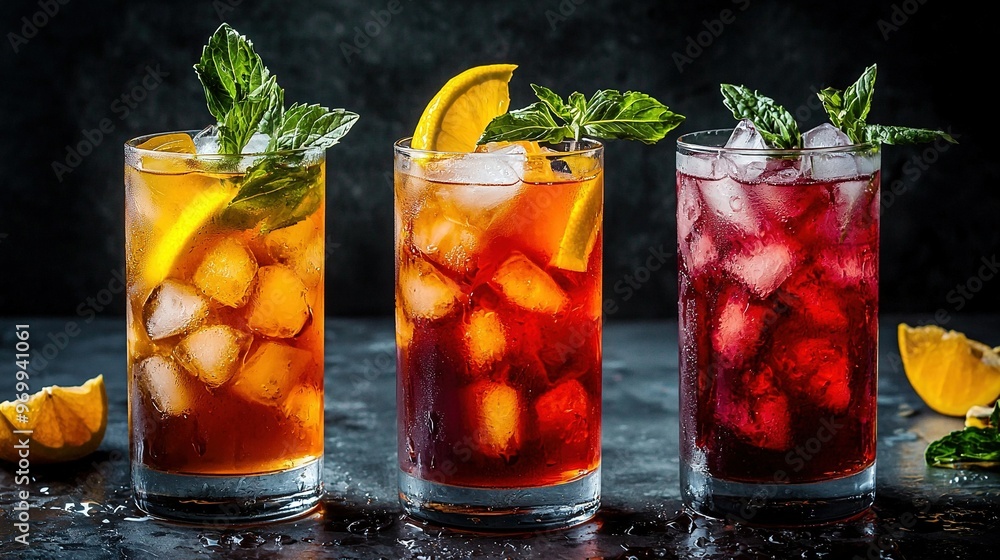 Three glasses holding varying beverages, each adorned with fresh mint or lemon wedge Three glasses holding varying beverages, each adorned with fresh mint or lemon wedge
