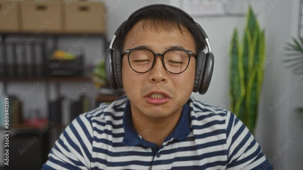 Handsome young asian man wearing headphones and striped shirt in an indoor office setting, looking content and relaxed while sitting at a desk with background shelves and plants. Handsome young asian man wearing headphones and striped shirt in an indoor office setting, looking content and relaxed while sitting at a desk with background shelves and plants.