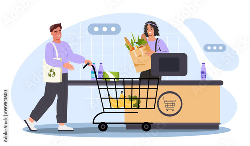 Checkout in supermarket. Man with cart of groceries near cashier. People in grocery store. Cashier with client and customer in market. Flat vector illustration isolated on white background