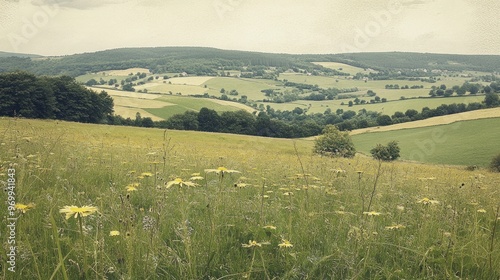 Wallpaper Mural Rolling Green Hills With Yellow Wildflowers in Foreground Torontodigital.ca