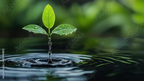  A zoomed-in image of a water droplet with a plant emerging from its surface and a green foliage protruding from the top