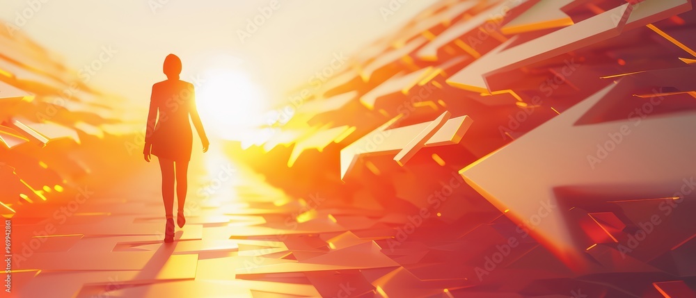 Fototapeta premium A silhouette of a person walking towards a sunset surrounded by arrows symbolizing direction and choices.