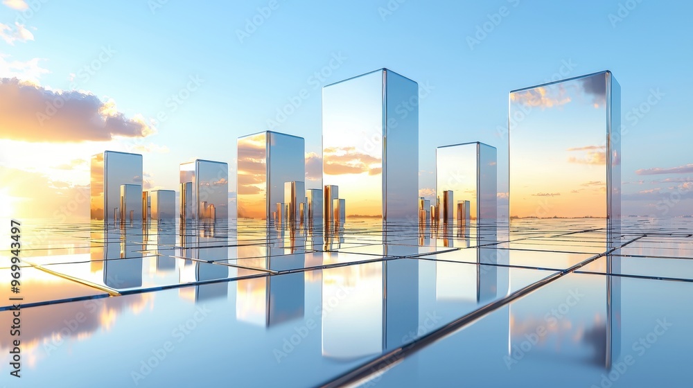 Fototapeta premium Futuristic Metallic Cityscape of Chrome Buildings Reflecting Light and Environment