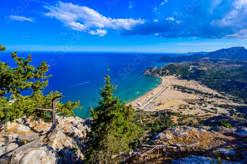 Tsambika Beach - View from Monastery of Panagia Kyra Psili - Paradise coast scenery of Rhodes - Travel destination in Greece