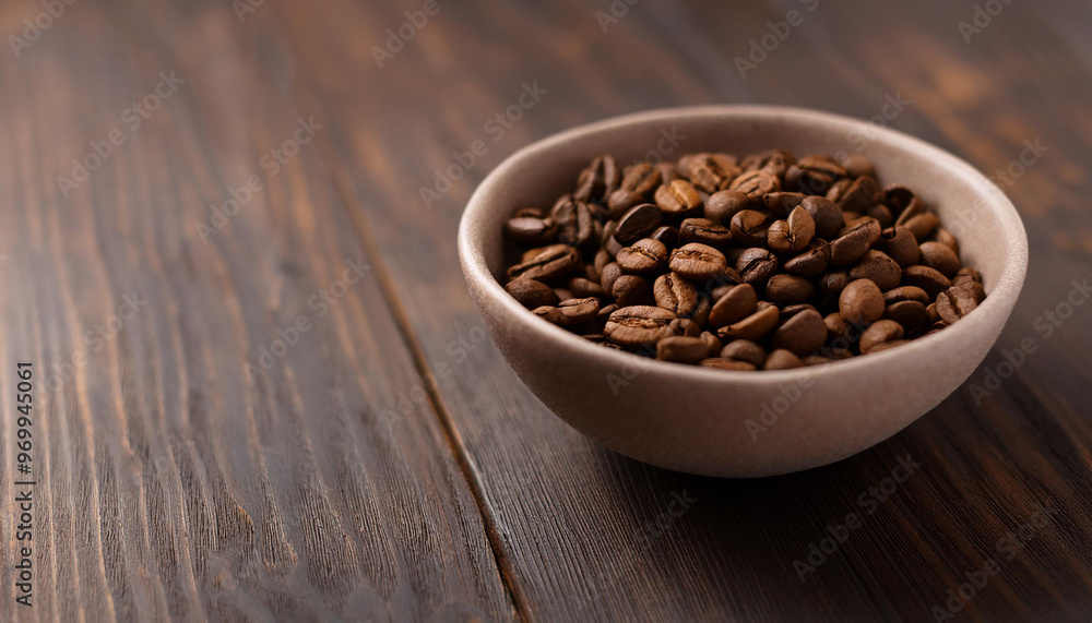 Roasted coffee beans in ceramic bowl on dark wooden table. Tasty and aromatic beverage. Roasted coffee beans in ceramic bowl on dark wooden table. Tasty and aromatic beverage.