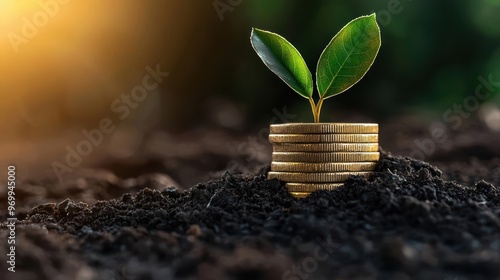 Wallpaper Mural A young plant emerges from a stack of coins, symbolizing growth and investment in nature and finance, representing sustainable future. Torontodigital.ca
