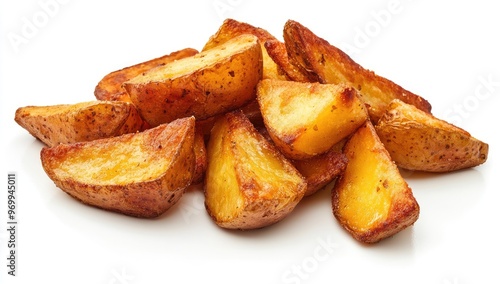 Golden crispy potato wedges isolated on white background.