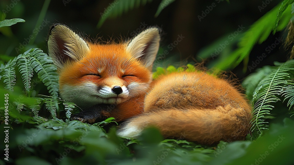 Obraz premium A close-up of a fox lying down in a field of grass and plants with its eyes closed