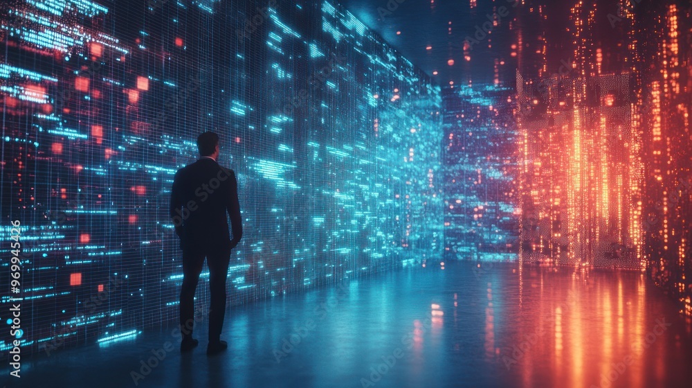 Man Standing Before A Wall Of Glowing Blue And Red Digital Code Man Standing Before A Wall Of Glowing Blue And Red Digital Code