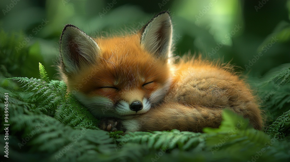 Fototapeta premium Baby fox sleeps on green grass