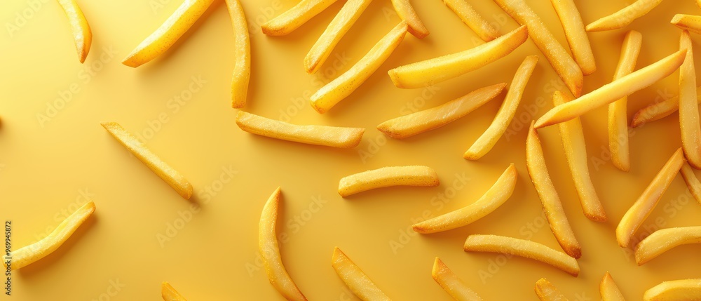 Obraz premium A vibrant composition of golden fries scattered on a bright yellow surface, ideal for food and culinary-themed projects.