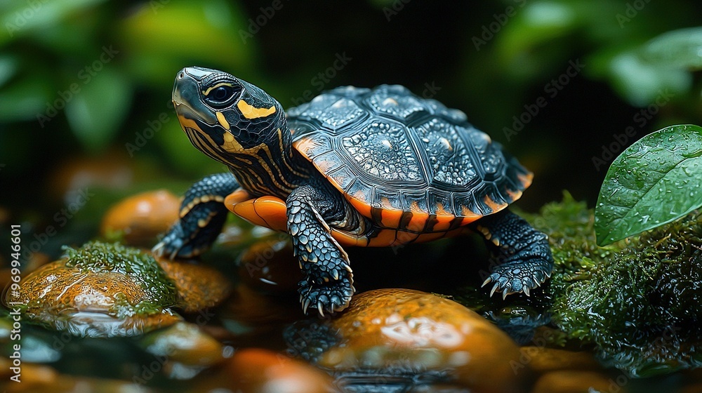 A tiny turtle resting atop a rocky mound beside a verdant plant, near a serene pond A tiny turtle resting atop a rocky mound beside a verdant plant, near a serene pond
