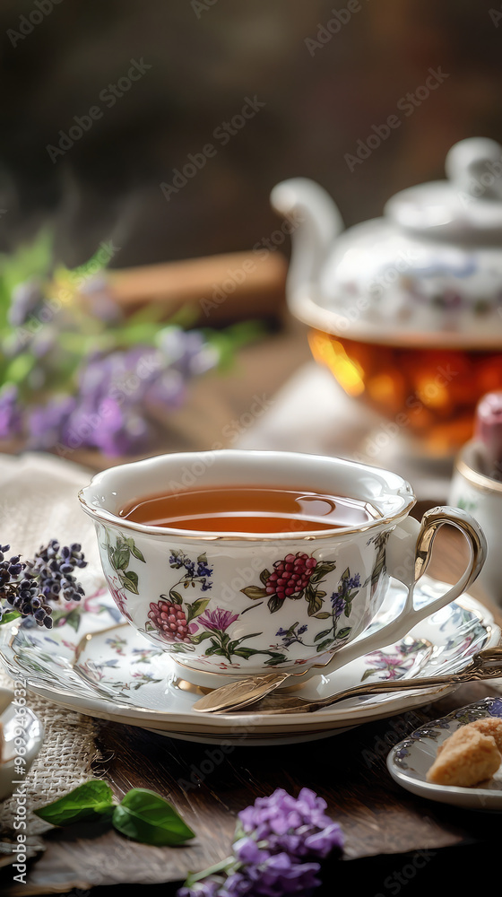 A beautifully arranged tea set with various herbal tea, evoking warmth and comfort A beautifully arranged tea set with various herbal tea, evoking warmth and comfort