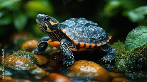  A tiny turtle resting atop a rocky mound beside a verdant plant, near a serene pond