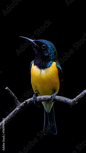 Regal Sunbird Perched on a Branch on a Black Background, Realistic Photo, Wallpaper, Cover and Screen for Smartphone, PC, Laptop, 9:16 and 16:9 Format photo