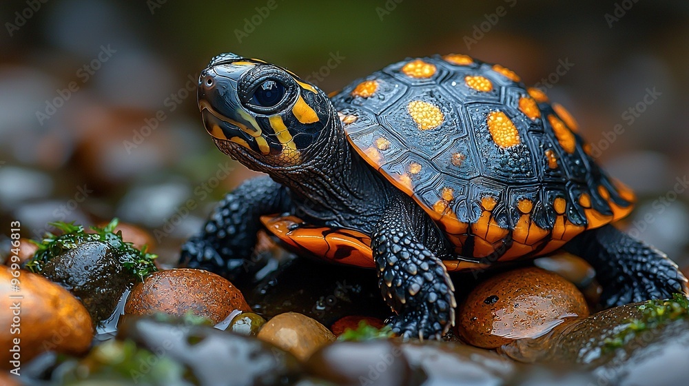 A close-up image of a tiny turtle resting atop a mix of rocks and grass, with an out-of-focus background A close-up image of a tiny turtle resting atop a mix of rocks and grass, with an out-of-focus background