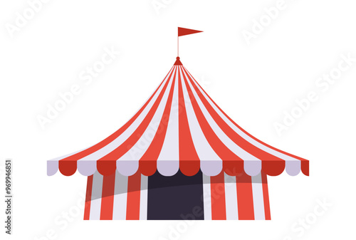 Circus tent concept. Red and white striped tent with flag on top. Entertainment and fun, leisure. Amusement park, attraction. Flat vector illustration isolated on white background