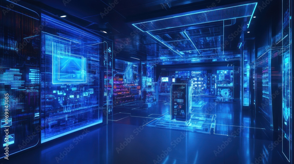 Futuristic Blue Neon Interior with Digital Data Displayed Futuristic Blue Neon Interior with Digital Data Displayed