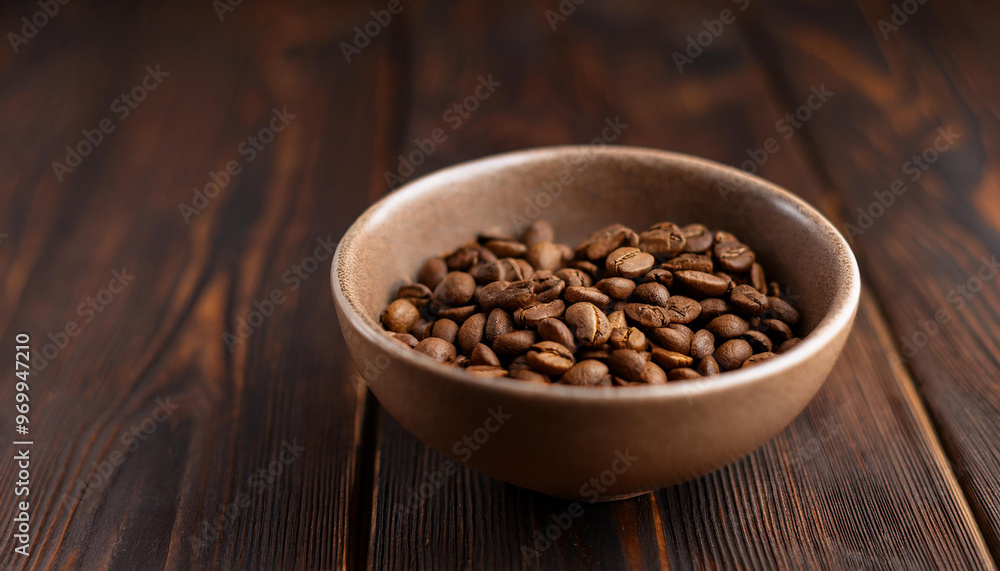 Roasted coffee beans in ceramic bowl on dark wooden table. Tasty and aromatic beverage. Roasted coffee beans in ceramic bowl on dark wooden table. Tasty and aromatic beverage.