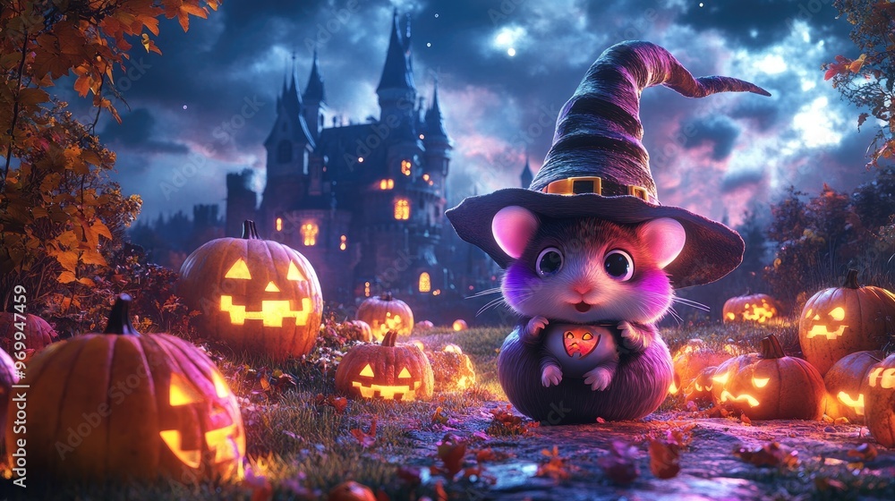 Fototapeta premium Cute Halloween Hamster with Jack-o'-Lantern.