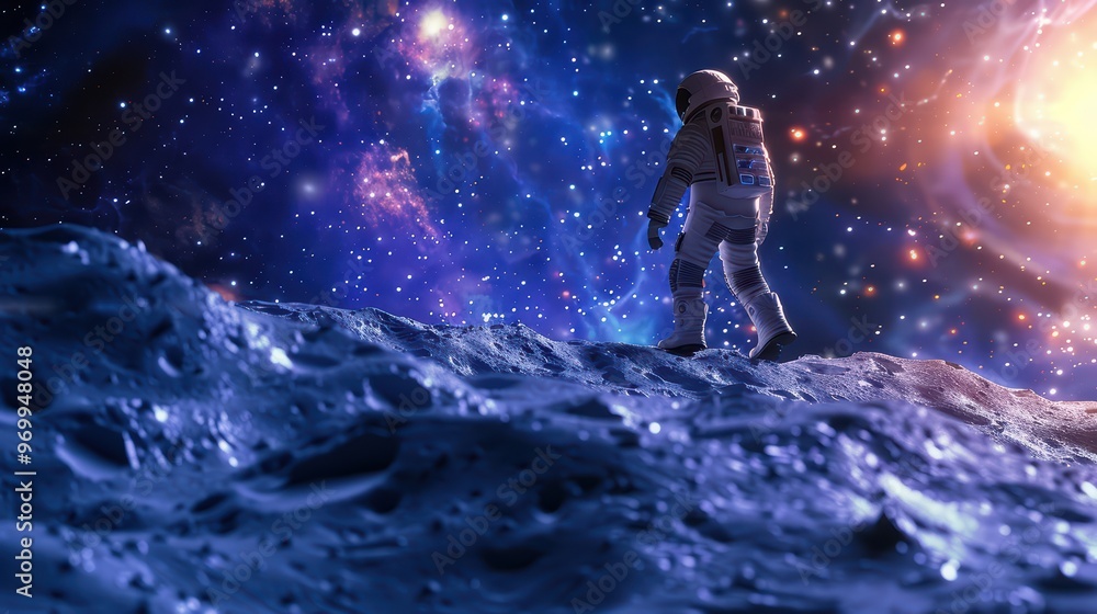 Obraz premium An astronaut explores the lunar surface under a vibrant cosmic backdrop, showcasing the beauty of space and celestial phenomena.