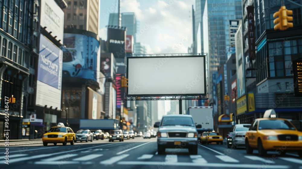 Obraz premium Busy city street scene with vehicles and an empty billboard in a vibrant urban setting.