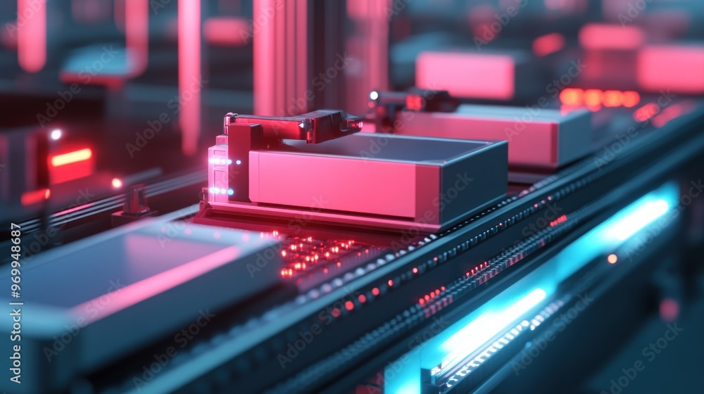 Automated Production Line with Red and Blue Lighting Automated Production Line with Red and Blue Lighting