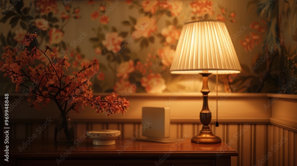 Elegant lamp in a dimly lit room enhances the cozy atmosphere of a beautifully designed interior Elegant lamp in a dimly lit room enhances the cozy atmosphere of a beautifully designed interior