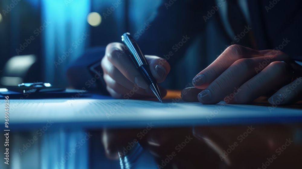 Obraz premium Close-up of a professional hand writing on a document with a stylish pen in a modern office setting, capturing focus and concentration.