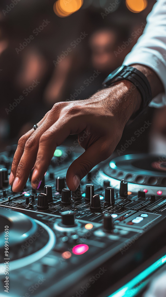 A DJs hand skillfully adjusts turntable controls, creating an electrifying atmosphere A DJs hand skillfully adjusts turntable controls, creating an electrifying atmosphere