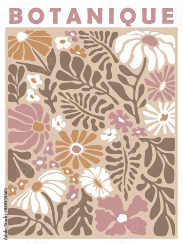 Trendy botanical wall art poster with floral design in danish pastel colors. Modern naive groovy funky interior decorations, paintings. Fauvism Matisse style poster.