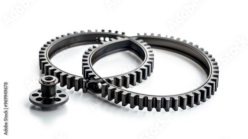 Two black metal gears and a single gear with six holes interlocked together on a white background. photo