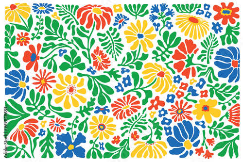 Set of colorful flowers and leaves silhouettes. Hand drawn floral design elements. Colorful outlines of wild and garden flowers and leaves isolated on white background. Fauvism Matisse style poster.