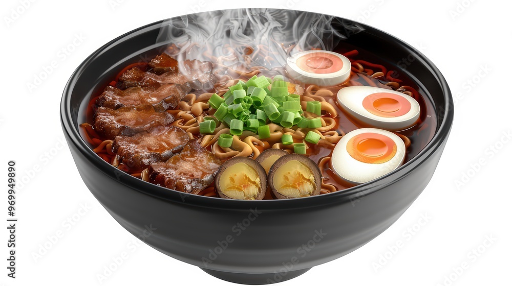 Delicious bowl of ramen with steaming broth, tender meat, soft eggs, and fresh green onions, perfect for a satisfying meal. Delicious bowl of ramen with steaming broth, tender meat, soft eggs, and fresh green onions, perfect for a satisfying meal.