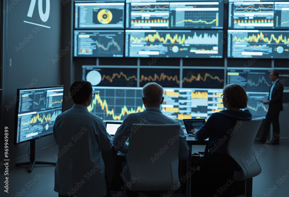 Young male programmer or administrator in a data center at his workplace in front of large monitors analyzes data or develops programs and applications. Young male programmer or administrator in a data center at his workplace in front of large monitors analyzes data or develops programs and applications.