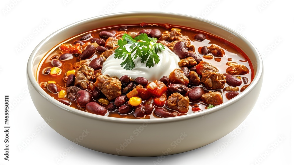 Delicious chili served in a bowl, featuring beans, meat, and topped with a dollop of sour cream for a hearty meal. Delicious chili served in a bowl, featuring beans, meat, and topped with a dollop of sour cream for a hearty meal.