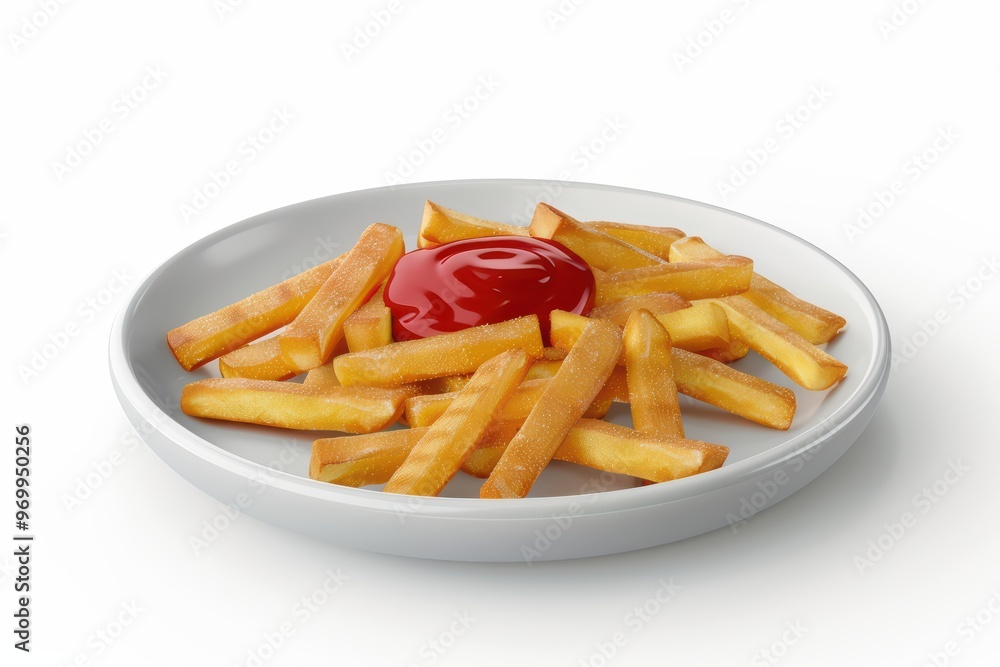 Delicious golden fries served with a side of vibrant red ketchup on a clean white plate. Delicious golden fries served with a side of vibrant red ketchup on a clean white plate.