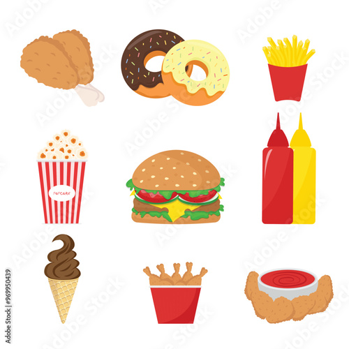 Set of fast food on a white backgroung,burger,popcorn,ketcup,ice cream,donut,vector illustration.