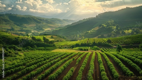 Breathtaking view of lush green agricultural fields during sunset in rolling mountainous landscape