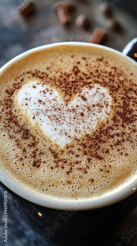 A close up of latte with heart shaped foam design, showcasing warmth and comfort