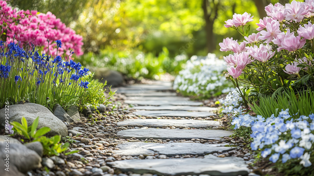 Obraz premium A serene garden pathway with colorful blooming flowers, bordered by vibrant pink, blue, and white flowers, leading through a lush green landscape.